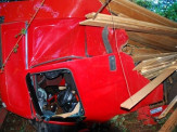 Pneu estoura e carreta carregada com madeira sai da pista na BR-267