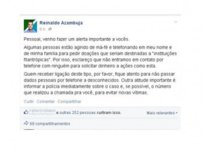 Golpistas usam nome de Azambuja para pedir doações, diz governador no Facebook