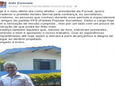 Presidente da Funsat anuncia pelo Facebook saída da gestão de Bernal