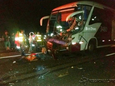Motorista de ônibus morre após colidir contra carreta carregada com madeira