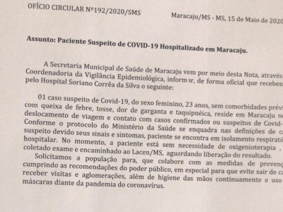 Nota Oficial: Maracaju registra novo Caso Suspeito de COVID-19