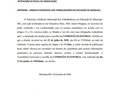 Maracaju: RETIFICAÇÃO DE EDITAL DE CONVOCAÇÃO - SIMTREMA 