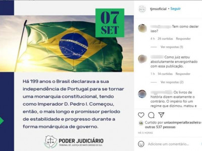 TJ/MS exalta monarquia em post após Fux mandar retirar bandeira