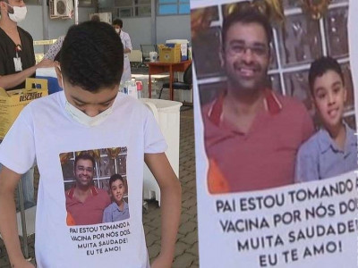 Menino toma vacina e faz homenagem ao pai: “por nós dois”