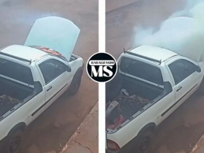 Veiculo parado pega fogo em frente de barbearia em Sidrolândia