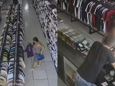 Mulher é flagrada furtando roupas em comércio na Calógeras