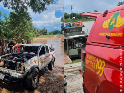 Caminhonete cai de balsa em rio e homem morre afogado