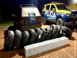 Fiat Uno recheado com pneus e cigarros é apreendido na MS-164 em Maracaju; prejuízo ao crime é de R$ 72,5 mil