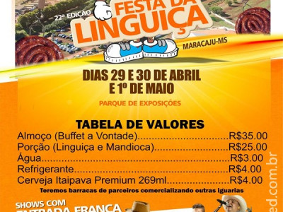 Confira os valores do almoço, porção e bebidas da 22ª Festa da Linguiça de Maracaju