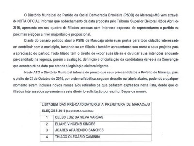 Nota Oficial PSDB de Maracaju sobre pré-candidatos a prefeito