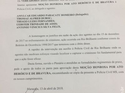 Policiais Civis de Maracaju recebem Moção Honrosa por Ato Heróico e de Bravura da Câmara Municipal