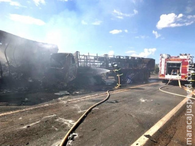 Caminhões são destruídos pelo fogo após colisão frontal na BR-267