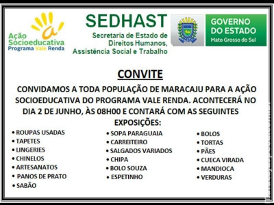 Maracaju: “Ação Socioeducativa Vale Renda” será realizada na manhã do sábado (02/06) Maracaju: “Ação Socioeducativa Vale Renda” será realizada na manhã do sábado (02/06)