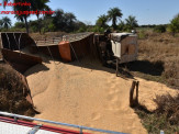Maracaju: Carreta bitrem tomba na MS-162 e condutor fica preso dentro de cabine