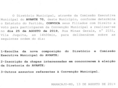 Maracaju: AVANTE realiza Convenção Municipal no próximo dia 25/08 Maracaju: AVANTE realiza Convenção Municipal no próximo dia 25/08