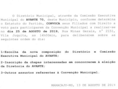 Maracaju: AVANTE realiza Convenção Municipal no próximo dia 25/08