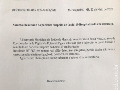 Maracaju: Resultado do paciente Suspeito de COVID-19 atesta negativo