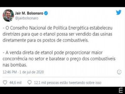 Etanol poderá ser vendido diretamente das usinas para os postos, diz Bolsonaro 