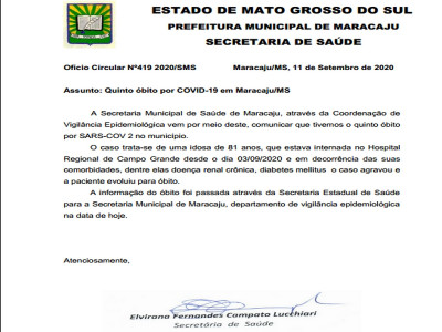 Maracaju contabiliza o quinto óbito por COVID-19 nesta sexta-feira (11)