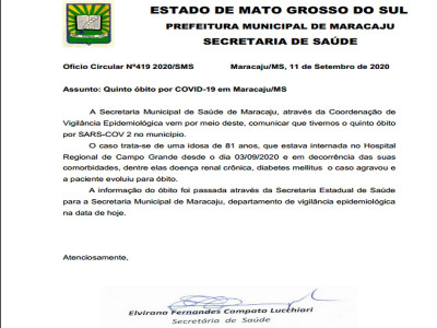 Maracaju contabiliza o quinto óbito por COVID-19 nesta sexta-feira (11) Maracaju contabiliza o quinto óbito por COVID-19 nesta sexta-feira (11)
