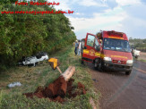 Maracaju: Corpo de Bombeiros atendem ocorrência de acidente na Rodovia MS-162. Veículo capotou por diversas vezes e arrancou até poste de aroeira de cerca de um metro de circunferência