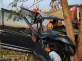 Maracaju: Corpo de bombeiros atende ocorrência de colisão de veículo de em árvore na BR-267