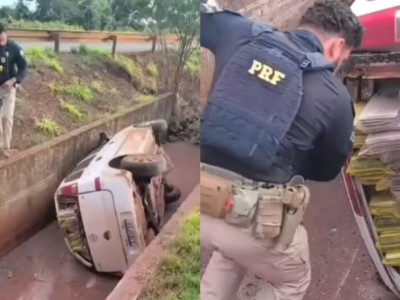 Contrabandista tenta fugir da PRF e derruba carro em valeta em Dourados Contrabandista tenta fugir da PRF e derruba carro em valeta em Dourados