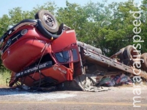 Motorista tenta desviar de animal e caminhão capota Motorista tenta desviar de animal e caminhão capota