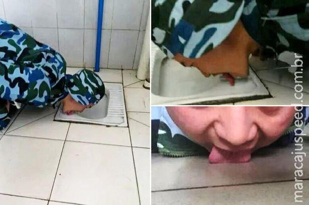 Cadete do exército lambe o chão do banheiro e dos quartos para provar ao sargento que estavam limpos Cadete do exército lambe o chão do banheiro e dos quartos para provar ao sargento que estavam limpos