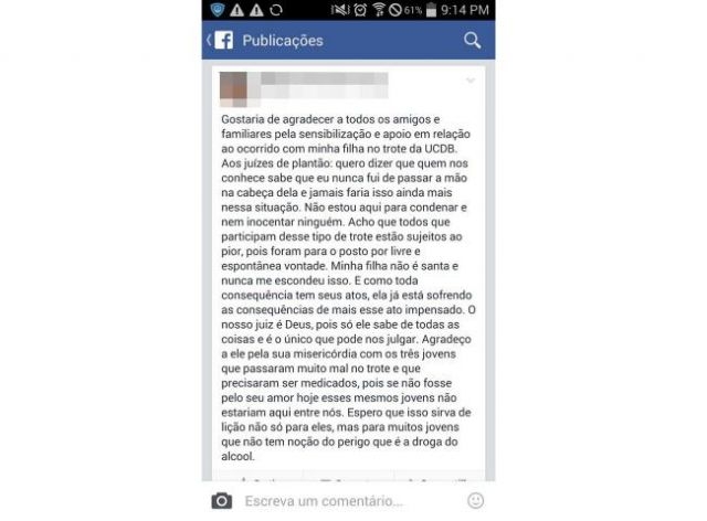 Mãe de adolescente que entrou em coma durante trote diz que filha bebeu porque quis Mãe de adolescente que entrou em coma durante trote diz que filha bebeu porque quis