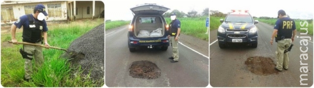 Policiais rodoviários decidem tapar buracos por conta própria da BR-267