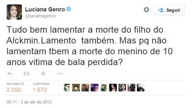 Luciana Genro comenta morte de filho de Alckmin e gera polêmica na internet Luciana Genro comenta morte de filho de Alckmin e gera polêmica na internet