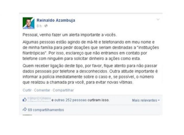 Golpistas usam nome de Azambuja para pedir doações, diz governador no Facebook Golpistas usam nome de Azambuja para pedir doações, diz governador no Facebook
