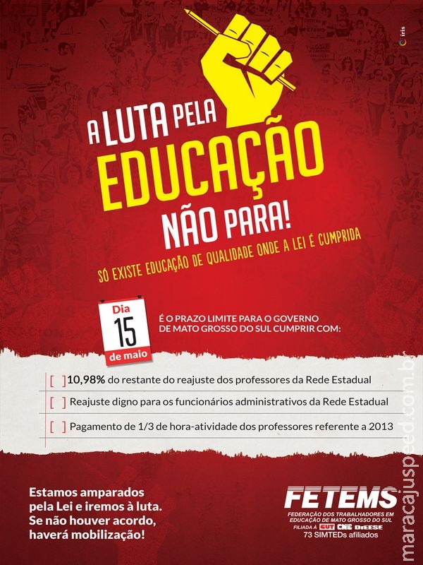 FETEMS anuncia: 15 de maio é a data limite para o Governo cumprir Lei de valorização FETEMS anuncia: 15 de maio é a data limite para o Governo cumprir Lei de valorização