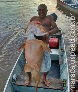 Motorista e pescador fisgam jaú de 35 kg no rio Taquari