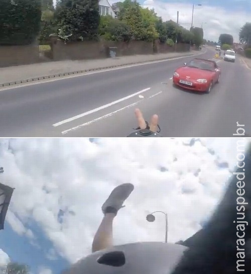 Ciclista faz sinal agressivo para motorista e leva tombo Ciclista faz sinal agressivo para motorista e leva tombo