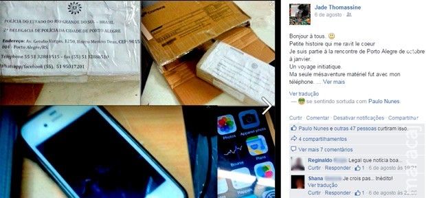 Após 1 ano, turista francesa recupera celular roubado no RS durante a Copa Após 1 ano, turista francesa recupera celular roubado no RS durante a Copa