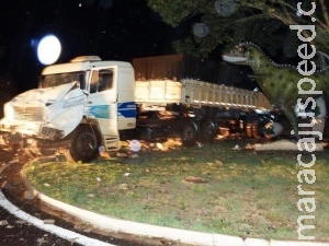 Carreta destrói parte de monumentos de dinossauros após invadir canteiro Carreta destrói parte de monumentos de dinossauros após invadir canteiro