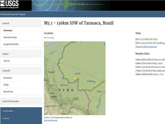 Novo terremoto de magnitude 5,1 atinge o Acre Novo terremoto de magnitude 5,1 atinge o Acre