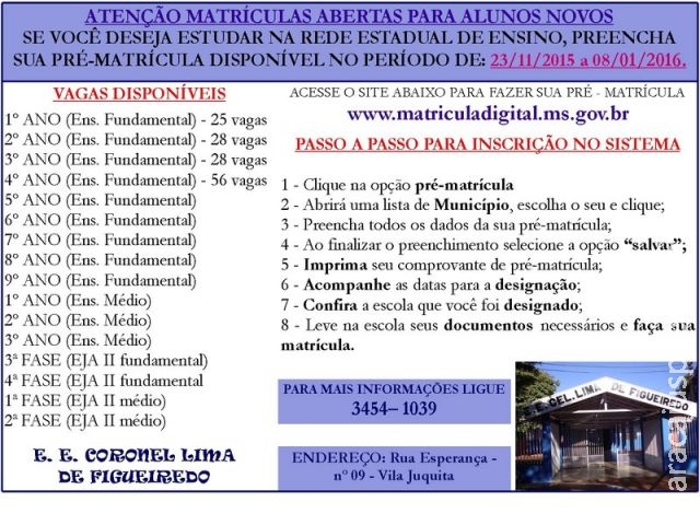 Vagas abertas para matrículas de novos alunos na Escola Estadual Coronel Lima de Figueiredo