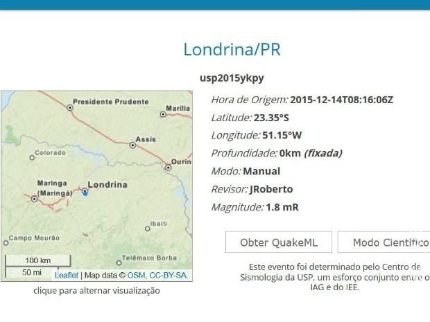 Centro de Sismologia da USP confirma tremor de terra de Magnitude 1,8 em Londrina
