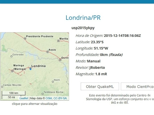Centro de Sismologia da USP confirma tremor de terra de Magnitude 1,8 em Londrina Centro de Sismologia da USP confirma tremor de terra de Magnitude 1,8 em Londrina