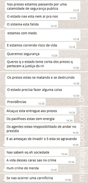 Pelo WhatsApp, presos dizem temer massacre e pedem segurança