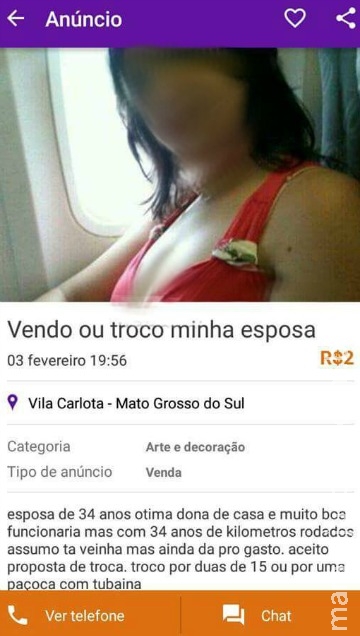 Esposa é colocada a venda por R$ 2,00 na OLX e anúncio gera polêmica Esposa é colocada a venda por R$ 2,00 na OLX e anúncio gera polêmica
