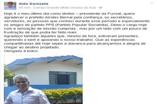 Presidente da Funsat anuncia pelo Facebook saída da gestão de Bernal Presidente da Funsat anuncia pelo Facebook saída da gestão de Bernal
