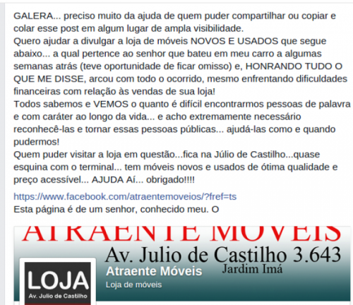 Jovem promove no Facebook loja de comerciante que bateu no carro dela e não fugiu Jovem promove no Facebook loja de comerciante que bateu no carro dela e não fugiu