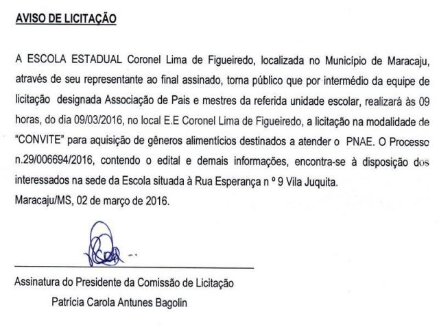 AVISO DE LICITACÃO - ESCOLA ESTADUAL Coronel Lima de Figueiredo AVISO DE LICITACÃO - ESCOLA ESTADUAL Coronel Lima de Figueiredo