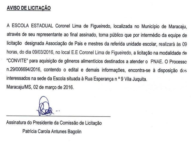 AVISO DE LICITACÃO - ESCOLA ESTADUAL Coronel Lima de Figueiredo