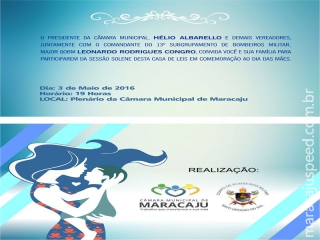 Na próxima terça-feira (03/05) haverá Sessão Solene na Câmara Municipal de Maracaju em comemoração ao Dia das Mães