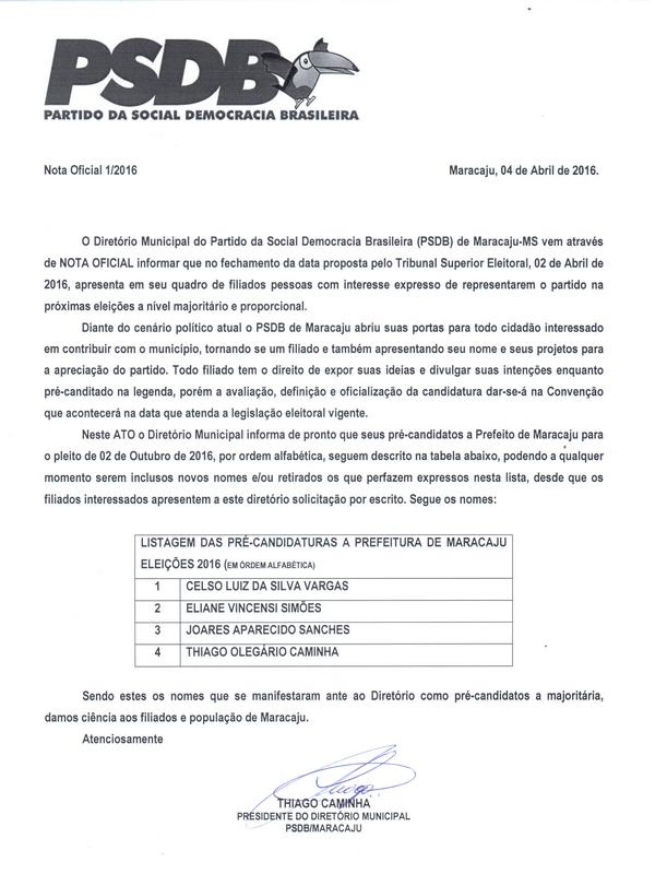 Nota Oficial PSDB de Maracaju sobre pré-candidatos a prefeito Nota Oficial PSDB de Maracaju sobre pré-candidatos a prefeito